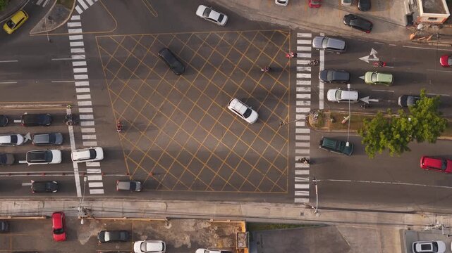 Overhead aerial view of traffic gridlock and cars stopped inside a yellow hatch box junction