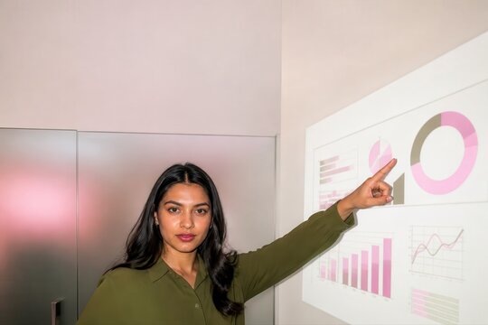 Business presentation woman pointing at analytics charts