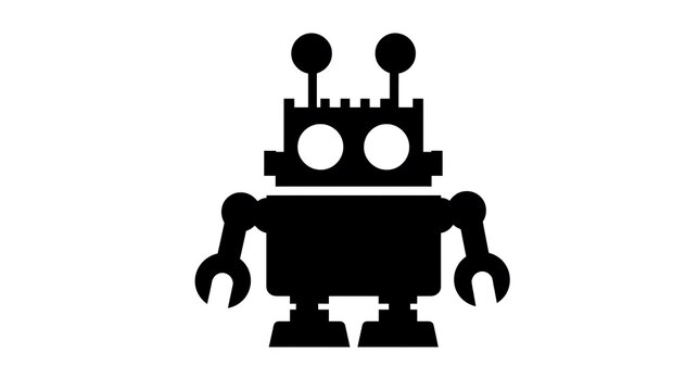 A simple black silhouette of a retro robot with antenna and pincers, looking like a toy