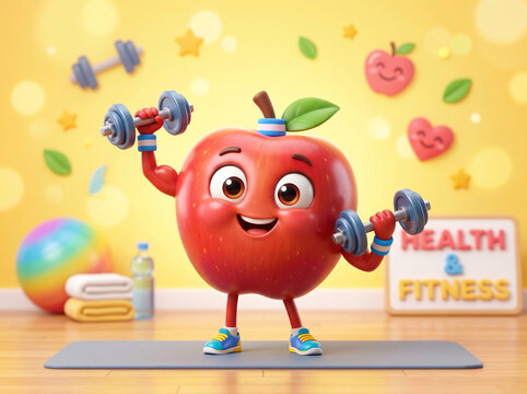 Cute cartoon apple character exercising with dumbbells in fitness studio.