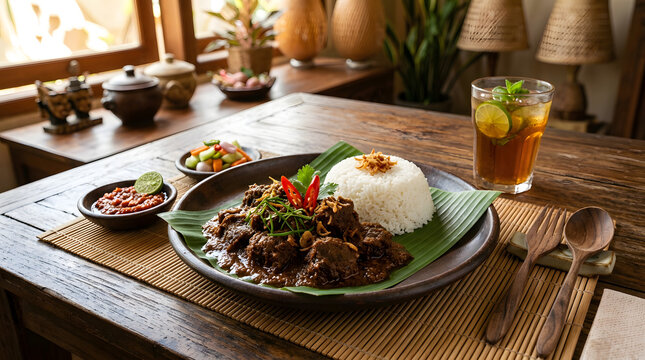 A luxurious plate of authentic Indonesian beef rendang, slow-cooked beef with rich coconut milk, aromatic spices, chili, lemongrass, and herbs. Served with steamed white rice, traditional banana leaf 