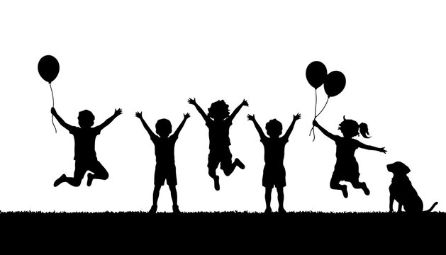 Family celebrating with balloons at party. Joyful silhouette of parents and children jumping in excitement at event.