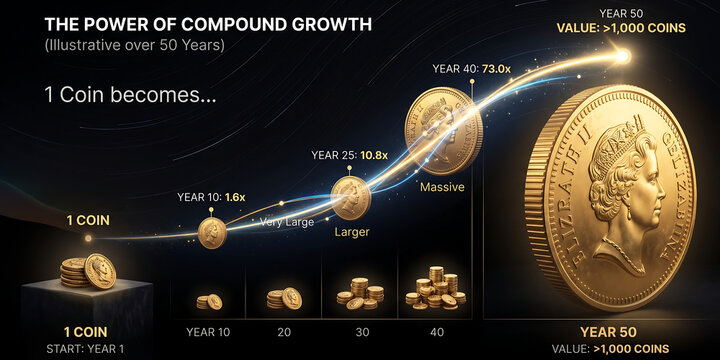 Illustrative chart demonstrating the power of compound growth over 50 years, with a single coin increasing in value.