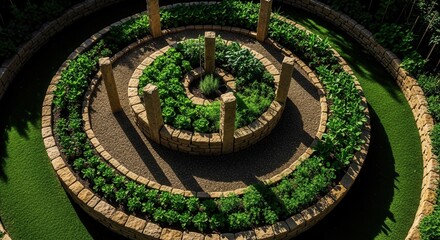Fototapeta premium Whimsical Spiral Herb Garden With Stone Pillars