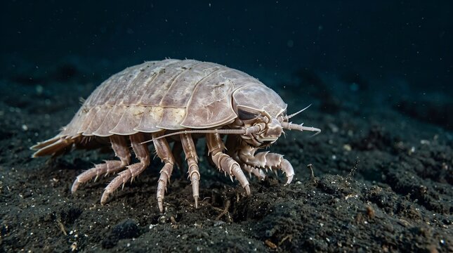 Giant deep sea isopod crawling on the dark ocean floor.