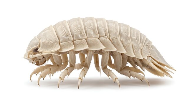 Macro side view of a common woodlouse isolated on white background.