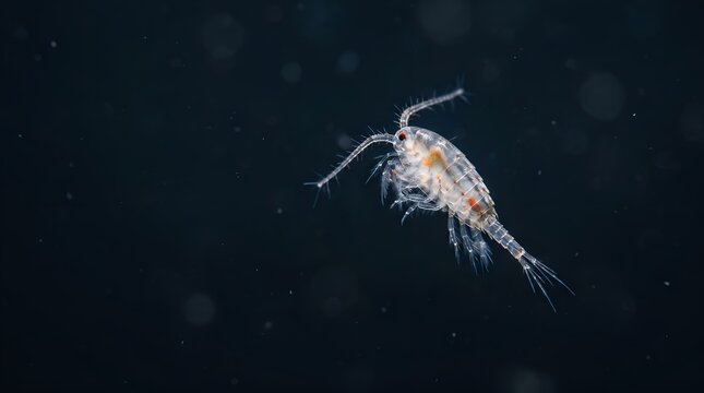 Microscopic copepod crustacean swimming in deep ocean water.