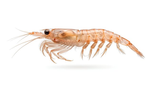 Macro studio shot of a live krill crustacean on white background.