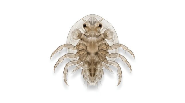 Microscopic view of a fish louse Argulus parasite on white background.