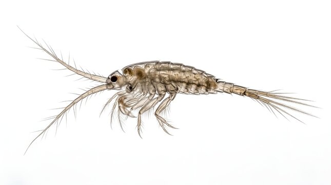 Microscopic view of a copepod crustacean on white background.