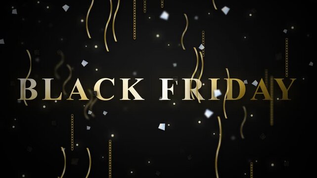 Black Friday text motion graphics with falling gold ribbons