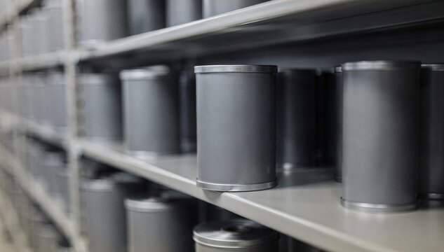 Close medium shot capturing rows of microfilm canisters on shelves in a temperatureregulated archive main canister front and center with blurred rows behind.