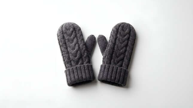 Pair of cozy grey knitted mittens on a white background.