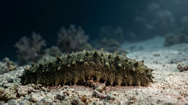 Prickly sea cucumber on the sandy ocean floor.