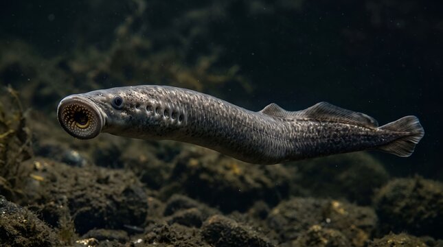 A close up underwater shot of a lamprey swimming in its natural habitat.