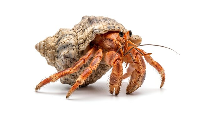 A close-up studio shot of a hermit crab in a seashell on a white background.
