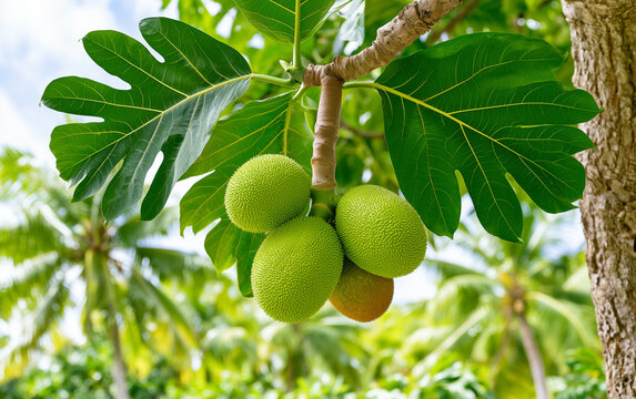 Breadfruit tree branches show green and ripe spiky fruits. Lush foliage surrounds the tropical plant outdoors. Healthy organic harvest grows on tree.