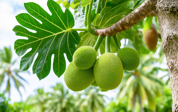 Breadfruit tree branches show green and ripe spiky fruits. Lush foliage surrounds the tropical plant outdoors. Healthy organic harvest grows on tree.