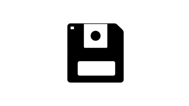 A black and white icon of a floppy disk, representing data storage and technology