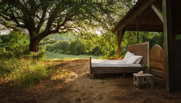 cottage bed sits on a dirt path under a lush tree with a small side table and a distant animal in the scenery