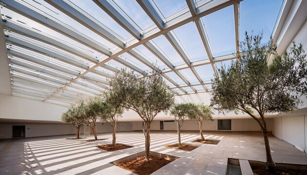 olive trees grow within a minimalist courtyard under a geometric metal framed skylight in a bright building