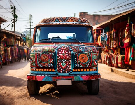 truck decorated with vibrant traditional folk art patterns sits parked on a dusty street in a busy market town