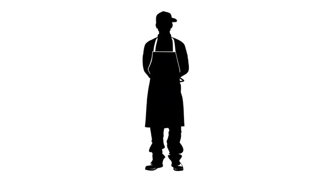 Silhouette of a person wearing an apron and a cap, standing and facing forward. This image could represent a worker or a chef.