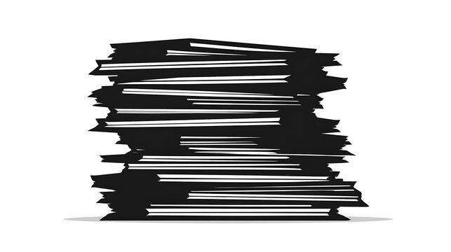 A tall stack of black papers or books, appearing like a dark silhouette against a white background