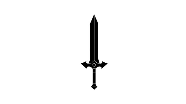 A black silhouette of a sword with a pointed blade and crossguard stands vertically against a white background