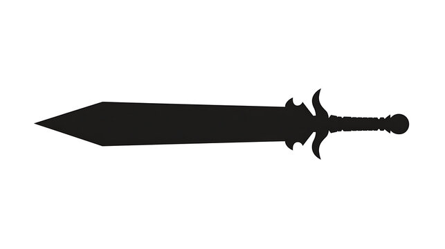 A silhouette of a sword on a white background, featuring a sharp blade and an ornate hilt