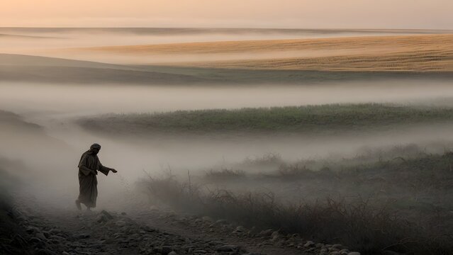 The Parable of the Sower from the Gospels unfolding as layers of morning mist gradually reveal four distinct agricultural zones while the farmer continues sowing with unwavering purpose, an ancient fa