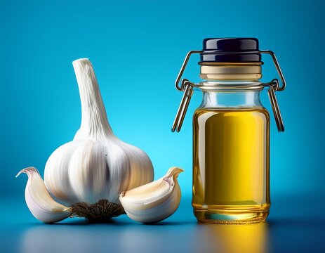 garlic oil sits in a jar shown against a blue background