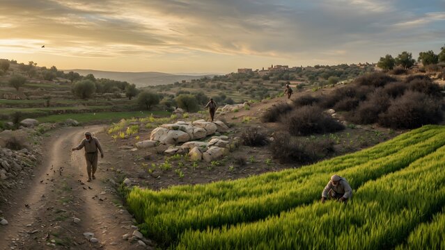 The Parable of the Sower from the Gospels transforming four neighboring terrains into one complete visual narrative guided by a single faithful farmer, a richly connected agricultural setting inspired