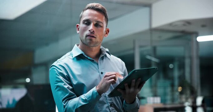 Thinking, window and businessman on tablet at night for solution, investment decision and planning. Office, finance and person on tech for financial review, budget report and trading portfolio