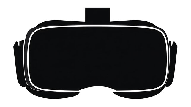 A black silhouette of a virtual reality headset, displaying a modern and sleek design. The device is positioned to show its front, with its lenses and strap clearly visible