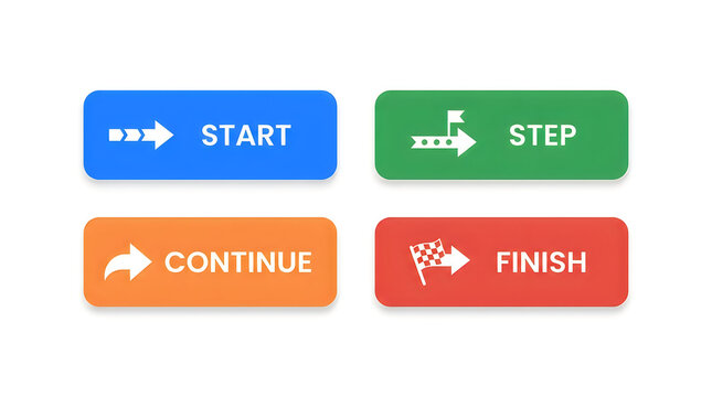 Colorful retro game start step continue finish buttons