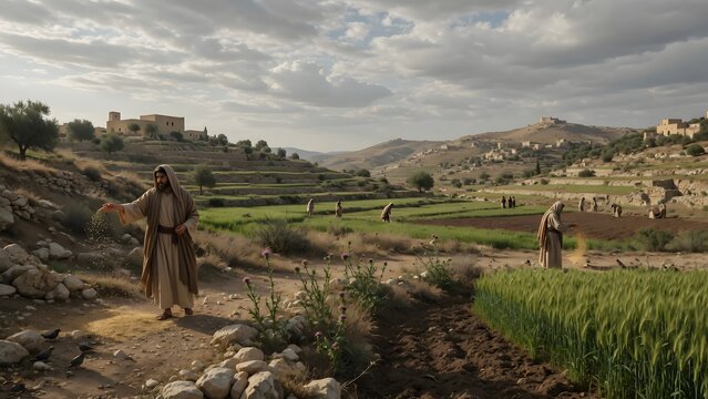 The Parable of the Sower from the Gospels represented as a grand continuous biblical landscape integrating every stage of the narrative into one harmonious composition, a historically faithful agricul
