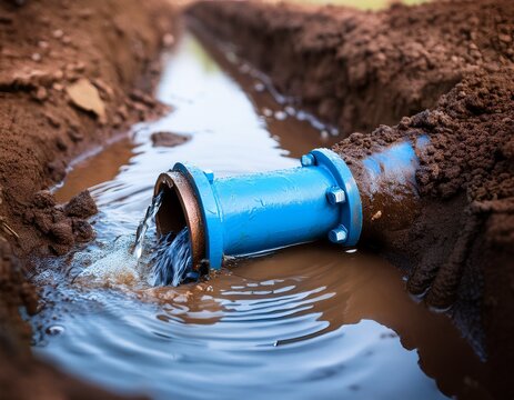 water leaking from a broken underground pipe joint with blue metal flange in muddy soil illustrating plumbing repair and representing infrastructure damage
