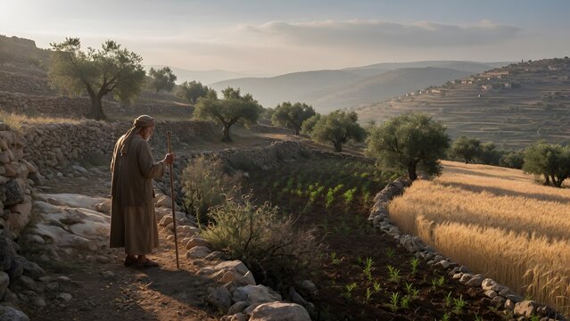 The Parable of the Sower from the Gospels portraying the farmer's lifelong devotion as an enduring testimony expressed through four symbolic terrains, a historically grounded biblical farming landscap