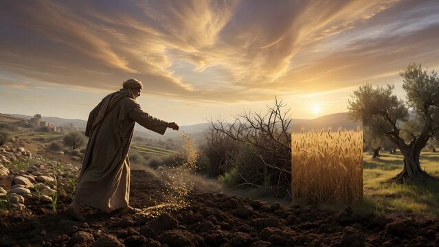 The Parable of the Sower from the Gospels portraying the farmer sowing beneath a vast biblical sky while four distinct landscapes reveal enduring spiritual responses through the passage of time, an ex