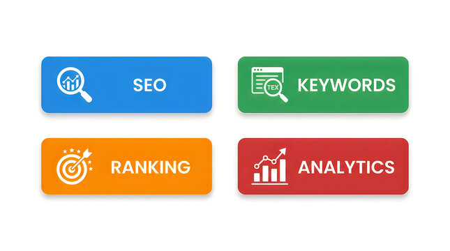 Colorful flat icons for seo, keywords, ranking, analytics