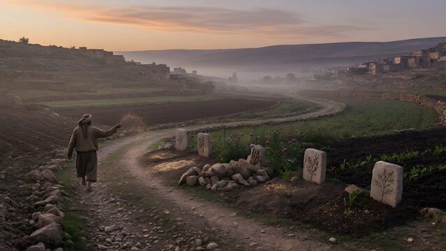 The Parable of the Sower from the Gospels interpreted through a winding pilgrimage route where a farmer scatters seed before reaching four distinct destinations symbolizing spiritual reception, an anc