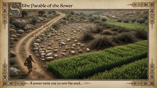 The Parable of the Sower from the Gospels interpreted from a high vertical viewpoint where the agricultural layout resembles an illuminated manuscript page, with the farmer, roadside, stones, thorny a