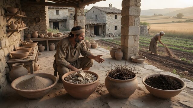 The Parable of the Sower from the Gospels interpreted beside a village pottery workshop where the farmer compares four containers filled with roadside dust, rocky fragments, thorn-covered soil, and ri