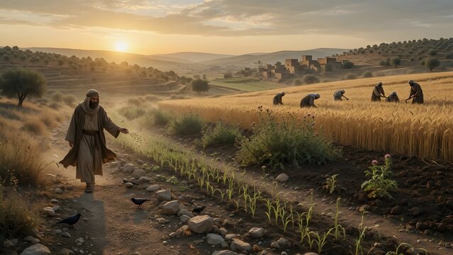 The Parable of the Sower from the Gospels following the complete progression from generous sowing to abundant harvest through four symbolic terrains, a historically inspired farming landscape designed
