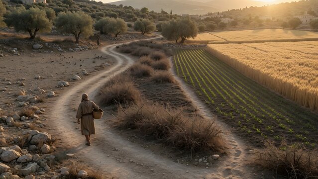 The Parable of the Sower from the Gospels following the footsteps of a farmer whose steady movement links four symbolic lands into one enduring narrative of faith and perseverance, an expansive histor