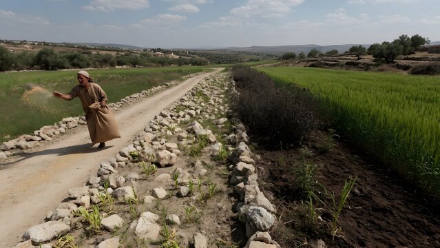 The Parable of the Sower from the Gospels focusing on four neighboring lands expressing different destinies while one farmer continues sowing faithfully, an interconnected biblical countryside emphasi