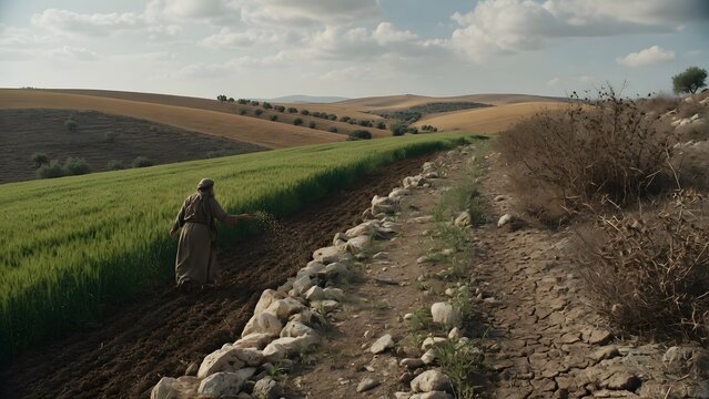 The Parable of the Sower from the Gospels emphasizing the lasting message of faithful sowing despite contrasting outcomes across four biblical soils, a continuous rural environment crafted for educati
