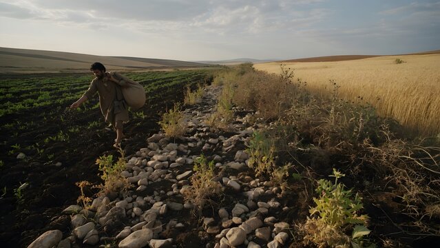 The Parable of the Sower from the Gospels emphasizing the lasting message of faithful sowing despite contrasting outcomes across four biblical soils, a continuous rural environment crafted for educati