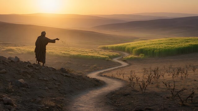 The Parable of the Sower from the Gospels emphasizing distant horizons where the farmer's scattered seed represents hope extending beyond visible outcomes across four symbolic lands, expansive biblica